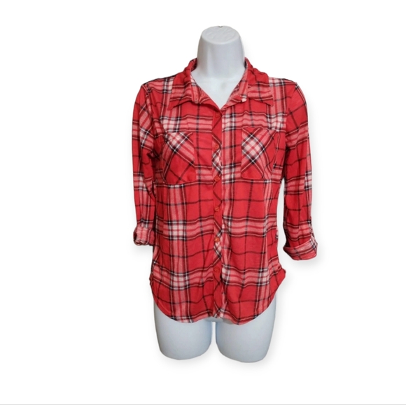 Red Plaid Button Down Top w/ Lace sz M Jr - Picture 1 of 9
